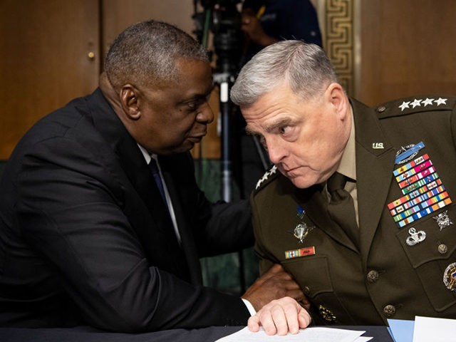 WASHINGTON, DC - JUNE 17: Secretary of Defense Lloyd Austin, left, and Chairman of the Joint Chiefs of Staff Gen. Mark Milley talk before the start of the Senate Appropriations Committee hearing on "A Review of the FY2022 Department of Defense Budget Request' on June 17, 2021 in Washington, DC. …