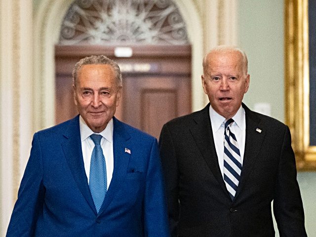 Senate Majority Leader Chuck Schumer (D-NY) and U.S. President Joe Biden arrive at the U.S. Capitol for a Senate Democratic luncheon July 14, 2021 in Washington, DC. (Drew Angerer/Getty Images)