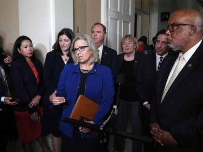(L-R) US Representatives Stephanie Murphy, Elaine Luria, Liz Cheney, Adam Schiff, Zoe Lofgren, Jamie Raskin and Chairman Bennie Thompson, speak to the media following testimony during the Select Committee to Investigate the January 6th Attack on the US Capitol adjourned their first hearing on Capitol Hill in Washington, DC, on …