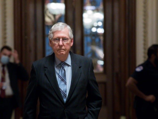 WASHINGTON, DC - AUGUST 11: U.S. Senate Minority Leader Mitch McConnell (R-KY) leaves the Senate Chamber in the U.S. Capitol on August 11, 2021 in Washington, DC. The Senate is voting on a series of amendments known as a vote-a-rama before final passage of the budget resolution. (Photo by Liz …