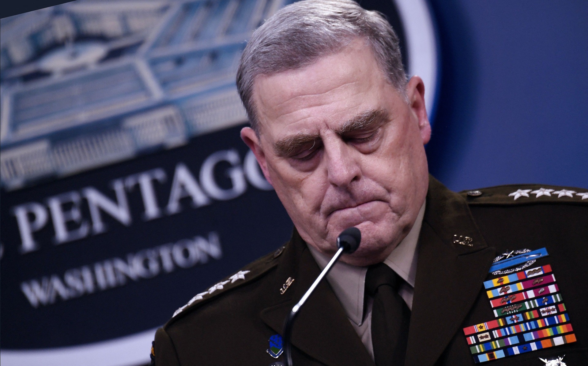 Chairman of the Joint Chiefs of Staff, General Mark Milley, speaks during a press conference about the situation in Afghanistan on August 18, 2021, at The Pentagon in Washington, DC. - Austin said Wednesday that US forces would evacuate as many people as possible from the Kabul airport as thousands pressed to leave after the Taliban takeover of the country. (Photo by Olivier DOULIERY / AFP) (Photo by OLIVIER DOULIERY/AFP via Getty Images)