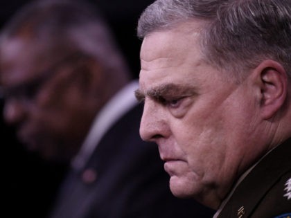 US Defense Secretary Lloyd Austin (L) and Chairman of the Joint Chiefs of Staff, General Mark Milley, hold a press conference about the situation in Afghanistan on August 18, 2021, at The Pentagon in Washington, DC. - Austin said Wednesday that US forces would evacuate as many people as possible …