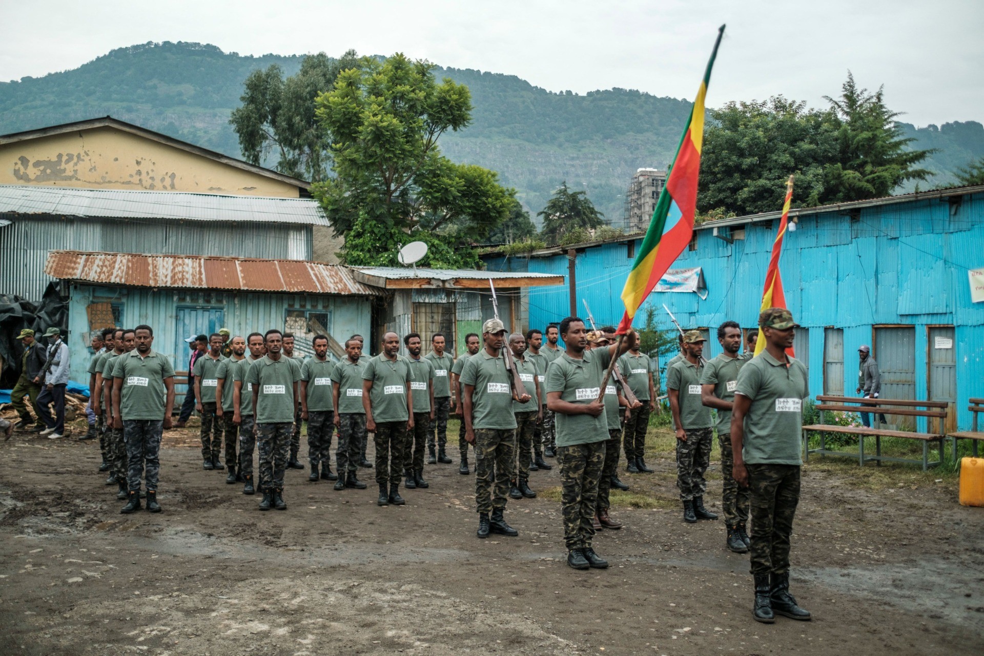 Recruits for reserves of Amhara regional forces stand during their graduation ceremony, in the city of Dessie, Ethiopia, on August 24, 2021. - Long confined to Tigray, the conflict in Ethiopia has recently spread to two neighbouring regions, Afar and Amhara, with heavy weapons fire killing an untold number of civilians and displacing hundreds of thousands more. (Photo by EDUARDO SOTERAS / AFP) (Photo by EDUARDO SOTERAS/AFP via Getty Images)