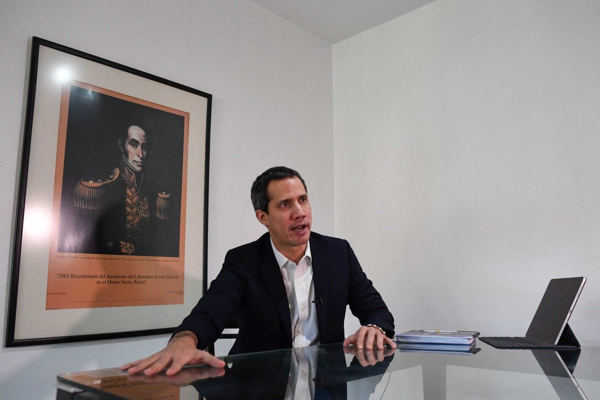 Venezuelan opposition leader Juan Guaido gestures as he speaks during an interview with the AFP at his home in Caracas on August 25, 2021. (Photo by Federico PARRA / AFP) (Photo by FEDERICO PARRA/AFP via Getty Images)