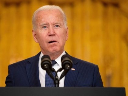 US President Joe Biden delivers remarks on the terror attack at Hamid Karzai International Airport, and the US service members and Afghan victims killed and wounded, in the East Room of the White House, Washington, DC on August 26, 2021. (Photo by Jim WATSON / AFP) (Photo by JIM WATSON/AFP …