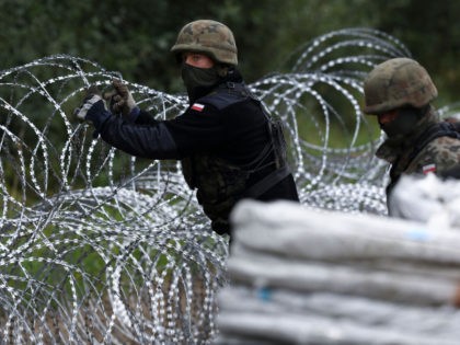 Polish soldiers construct a barbed wire fence on the border with Belarus in Zubrzyca Wielka near Bialystok, eastern Poland on August 26, 2021. - The Polish Ministry of Defence has announced the building of a one hundred kilometer long, two and a half meter high fence along it's border with …
