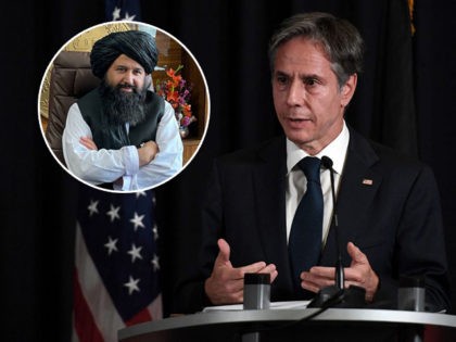 (INSET: Taliban commander Mullah Neda Mohammad) US Secretary of State Antony Blinken addresses a joint press conference with German Foreign Minister following a meeting at Ramstein Air Base in Germany on September 8, 2021. - US Secretary of State Antony Blinken arrived at the US air base in Ramstein, south-western …