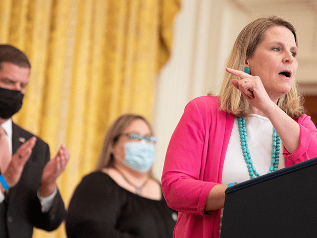AFL-CIO President Liz Shuler speaks about Labor Unions during an event in the East Room of the White House on September 8, 2021, in Washington, DC. (Photo by Brendan Smialowski / AFP) (Photo by BRENDAN SMIALOWSKI/AFP via Getty Images)