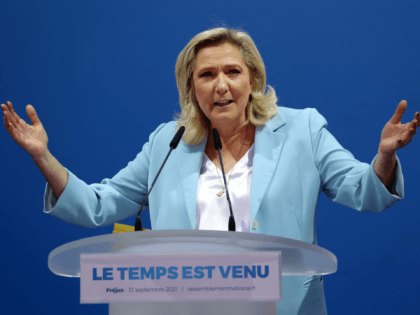 French politician Rassemblement National (RN) leader Marine Le Pen gestures as she addresses a 'Universite d'été ' Rassemblement National (RN) meeting in Frejus, southern France on September 12, 2021. (Photo by Valery HACHE / AFP) (Photo by VALERY HACHE/AFP via Getty Images)