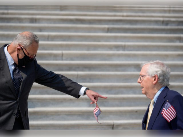 WASHINGTON, DC - SEPTEMBER 13: (L-R) Senate Majority Leader Chuck Schumer (D-NY) points at Senate Minority Leader Mitch McConnell as they arrive for a remembrance ceremony marking the 20th anniversary of the 9/11 terror attacks on the steps of the U.S. Capitol, on September 13, 2021 in Washington, DC. The …