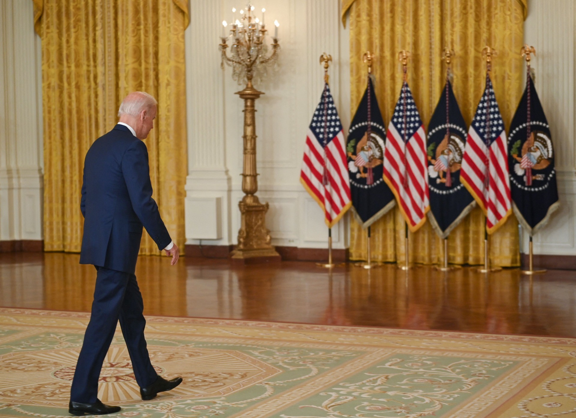 US President Joe Biden leaves after speaking about the economy and the middle class, in the East Room of the White House in Washington, DC, on September 16, 2021. (Photo by Brendan SMIALOWSKI / AFP) (Photo by BRENDAN SMIALOWSKI/AFP via Getty Images)