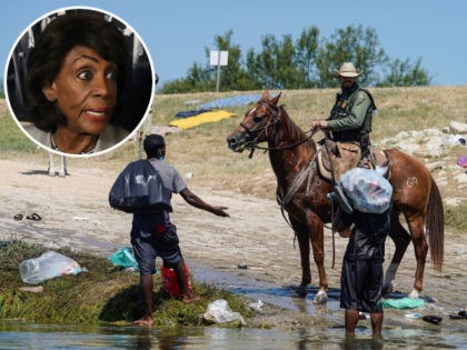 (INSET: Maxine Waters) A United States Border Patrol agent tells a Haitian migrant to return to Mexico on the banks of the Rio Grande near the Acuna Del Rio International Bridge in Del Rio, Texas on September 19, 2021. - US law enforcement are attempting to close off crossing points …
