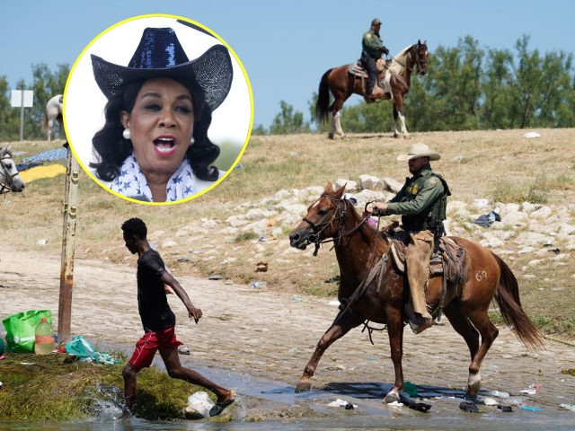 (INSET: Rep. Frederica Wilson) A United States Border Patrol agent on horseback tries to stop a Haitian migrant from entering an encampment on the banks of the Rio Grande near the Acuna Del Rio International Bridge in Del Rio, Texas on September 19, 2021. - The United States said Saturday …