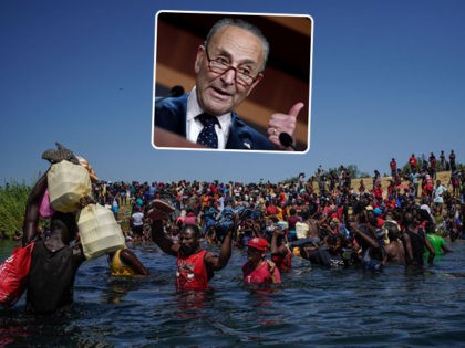(INSET: Chuck Schumer) TOPSHOT - Haitian migrants, part of a group of over 10,000 people staying in an encampment on the US side of the border, cross the Rio Grande river to get food and water in Mexico, after another crossing point was closed near the Acuna Del Rio International …