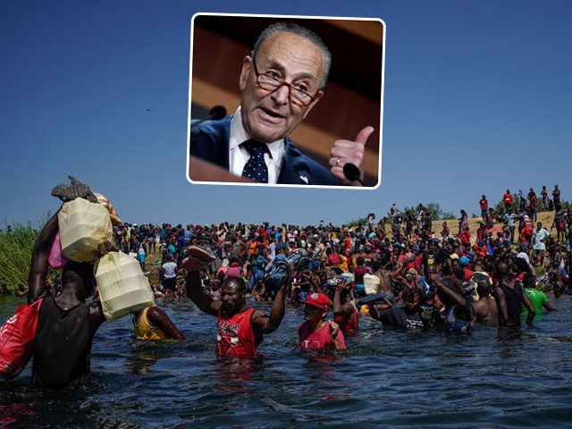 (INSET: Chuck Schumer) TOPSHOT - Haitian migrants, part of a group of over 10,000 people s