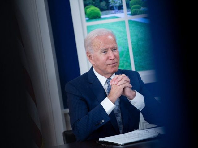US President Joe Biden convenes a virtual Covid-19 Summit on the sidelines of the UN General Assembly, on September 22, 2021, in the South Court Auditorium of the White House in Washington, DC. - Biden urged leaders at summit to make sure 70 percent of their populations are covered by …