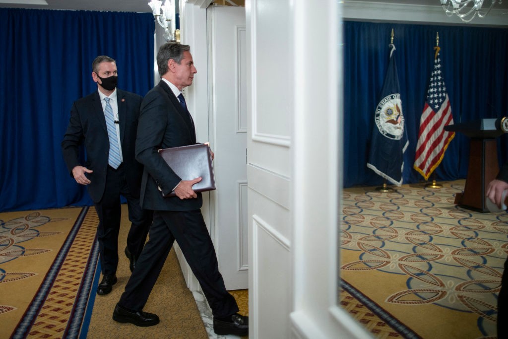 US Secretary of State Antony Blinken exits the room after speaking to media on the sidelines of the 76th Session of the UN General Assembly in New York, on September 23, 2021. (Photo by EDUARDO MUNOZ / POOL / AFP) (Photo by EDUARDO MUNOZ/POOL/AFP via Getty Images)