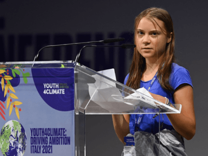 Swedish climate activist Greta Thunberg delivers a speech during the opening plenary session of the Youth4Climate event on September 28, 2021 in Milan. (Photo by MIGUEL MEDINA / AFP) (Photo by MIGUEL MEDINA/AFP via Getty Images)