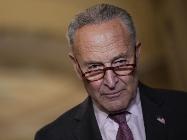 WASHINGTON, DC - SEPTEMBER 28: Senate Majority Leader Chuck Schumer (D-NY) speaks to reporters after a lunch meeting with Senate Democrats at the U.S. Capitol on September 28, 2021 in Washington, DC. Senator Schumer and the Democrats spoke on a range of issues, including the debt ceiling, the $1 trillion …