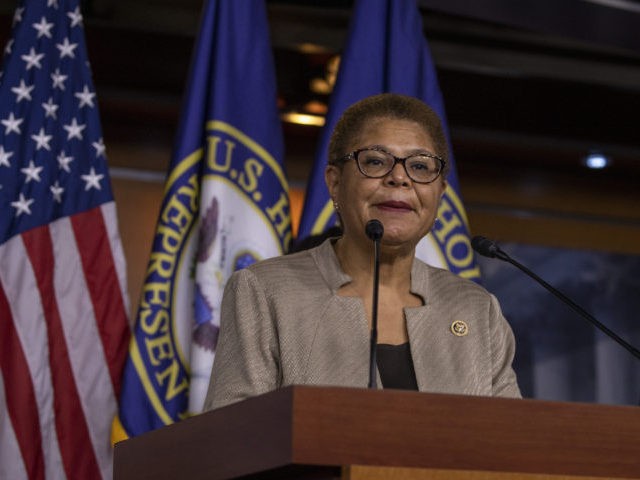 WASHINGTON, DC - JULY 01: U.S. Rep. Karen Bass (D-CA) speaks at a Congressional Black Caucus press conference on Capitol Hill on July 01, 2020 in Washington, DC. The CBC pushed for H.R. 40, also known as the Commission to Study and Develop Reparation Proposals for African-Americans Act, sponsored by …