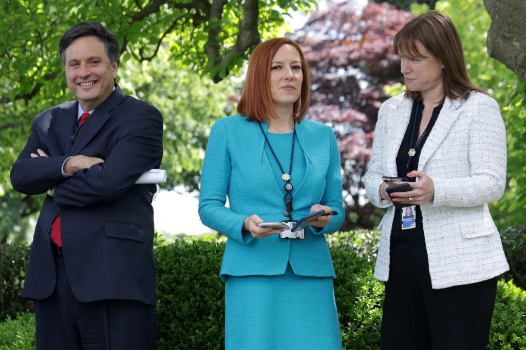 White House Chief of Staff Ron Klain, White House Press Secretary Jen Psaki and White House Communications Director Kate Bedingfield wait for President Joe Biden to deliver remarks on the COVID-19 response and vaccination program in the Rose Garden of the White House on May 13, 2021 in Washington, DC. (Alex Wong/Getty Images)