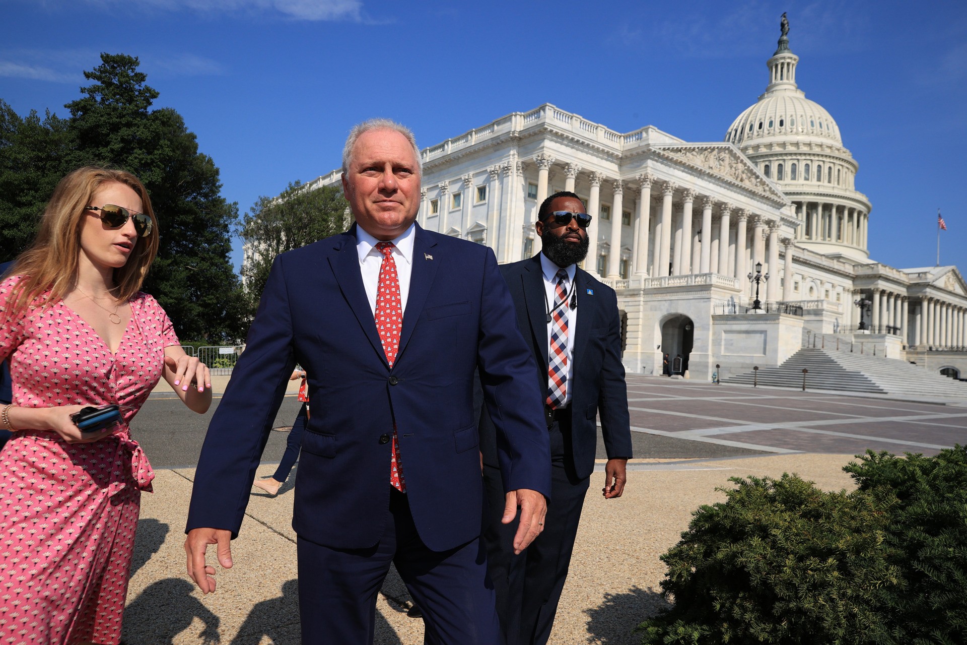 WASHINGTON, DC - AUGUST 24: House Minority Whip Steve Scalise (R-LA) arrives for a news conference with members of the Republican caucus, some of them military veterans, to criticize the Biden Administration's handling of the withdrawal from Afghanistan outside the U.S. Capitol on August 24, 2021 in Washington, DC. Republicans pointed out the amount of military equipment left in the hands of the Taliban and said Biden must do more to help get the Afghans and Americans 'left behind enemy lines' out of the country. (Photo by Chip Somodevilla/Getty Images)