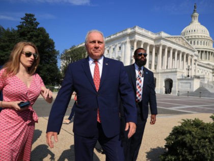 WASHINGTON, DC - AUGUST 24: House Minority Whip Steve Scalise (R-LA) arrives for a news conference with members of the Republican caucus, some of them military veterans, to criticize the Biden Administration's handling of the withdrawal from Afghanistan outside the U.S. Capitol on August 24, 2021 in Washington, DC. Republicans …