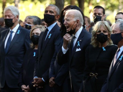 President Joe Biden (C) calls out as he is joined by (L-R) former President Bill Clinton, former First Lady Hillary Clinton, former President Barack Obama, former First Lady Michelle Obama, First Lady Jill Biden and former New York City Mayor Michael Bloomberg, during the annual 9/11 Commemoration Ceremony at the …