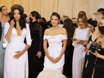 NEW YORK, NEW YORK - SEPTEMBER 13: Aurora James and Alexandria Ocasio-Cortez attend The 2021 Met Gala Celebrating In America: A Lexicon Of Fashion at Metropolitan Museum of Art on September 13, 2021 in New York City. (Photo by Mike Coppola/Getty Images)