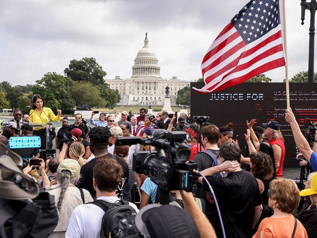 WASHINGTON, DC - SEPTEMBER 18: Supporters of those charged in the January 6 attack on the U.S. Capitol attend the 'Justice for J6' rally near the U.S. Capitol September 18, 2021 in Washington, DC. The protestors gathered in Washington, DC on Saturday to support over 600 people arrested and charged …
