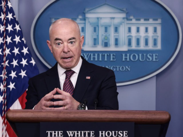 WASHINGTON, DC - SEPTEMBER 24: U.S. Homeland Security Secretary Alejandro Mayorkas gestures as he speaks at a press briefing at the White House on September 24, 2021 in Washington, DC. Mayorkas announced that the influx of Haitian immigrants camped under the bridge in Del Rio, Texas had been cleared. (Photo …