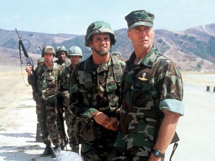 Clint Eastwood with his troops in a scene from the film 'Heartbreak Ridge', 1986. (Photo by Warner Brothers/Getty Images)