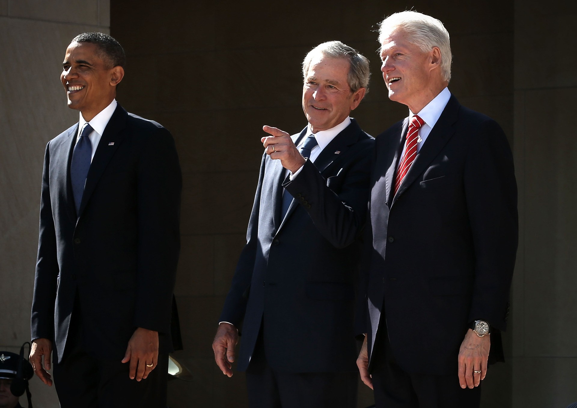 DALLAS, TX - APRIL 25: (L-R) U.S. President Barack Obama, former President George W. Bush, and former President Bill Clinton attend the opening ceremony of the George W. Bush Presidential Center April 25, 2013 in Dallas, Texas. The Bush library, which is located on the campus of Southern Methodist University, with more than 70 million pages of paper records, 43,000 artifacts, 200 million emails and four million digital photographs, will be opened to the public on May 1, 2013. The library is the 13th presidential library in the National Archives and Records Administration system. (Photo by Alex Wong/Getty Images)