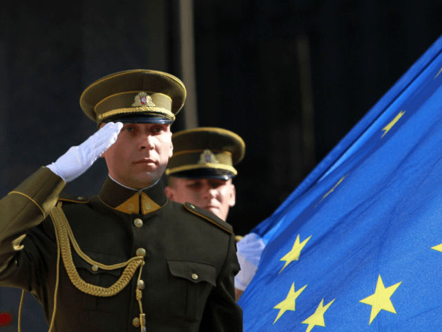 Lithuanian soldiers hold the flag of the European Union during a ceremony in front of the