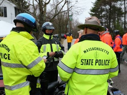 BOSTON, MA - APRIL 20: Massachusetts State Police stand near the starting line before the
