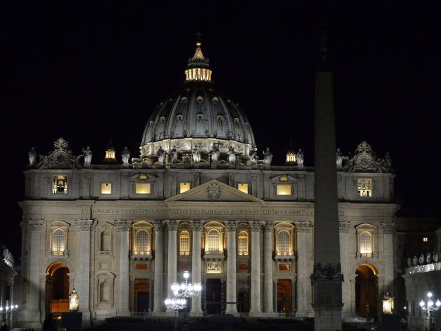 A picture shows St Peter's basilica at night ahead of the WWF "Earth Hour"