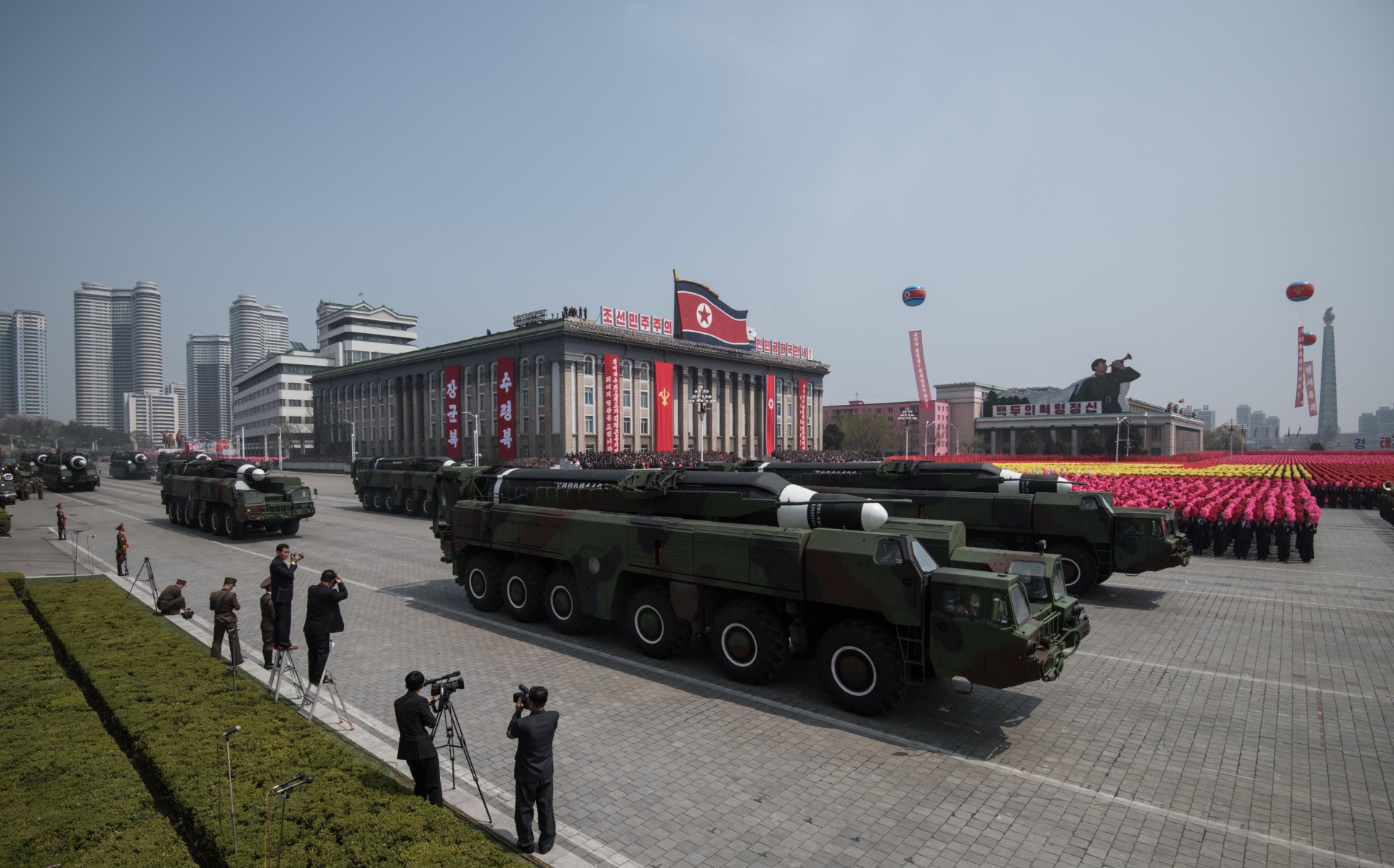 An unidentified missile and mobile launcher makes its way through Kim Il-Sung square during a military parade marking the 105th anniversary of the birth of late North Korean leader Kim Il-Sung in Pyongyang on April 15, 2017. North Korean leader Kim Jong-Un on April 15 saluted as ranks of goose-stepping soldiers followed by tanks and other military hardware paraded in Pyongyang for a show of strength with tensions mounting over his nuclear ambitions. / AFP PHOTO / Ed JONES (Photo credit should read ED JONES/AFP via Getty Images)