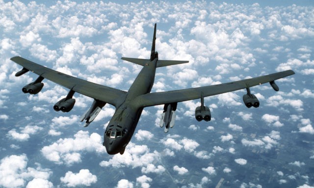 FILE PHOTO: An air-to-air front view of a B-52G Stratofortress aircraft from the 416th Bom