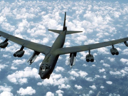 FILE PHOTO: An air-to-air front view of a B-52G Stratofortress aircraft from the 416th Bombardment Wing armed with AGM-86B Air-Launched Cruise Missiles (ALCMs). (Photo by USAF)