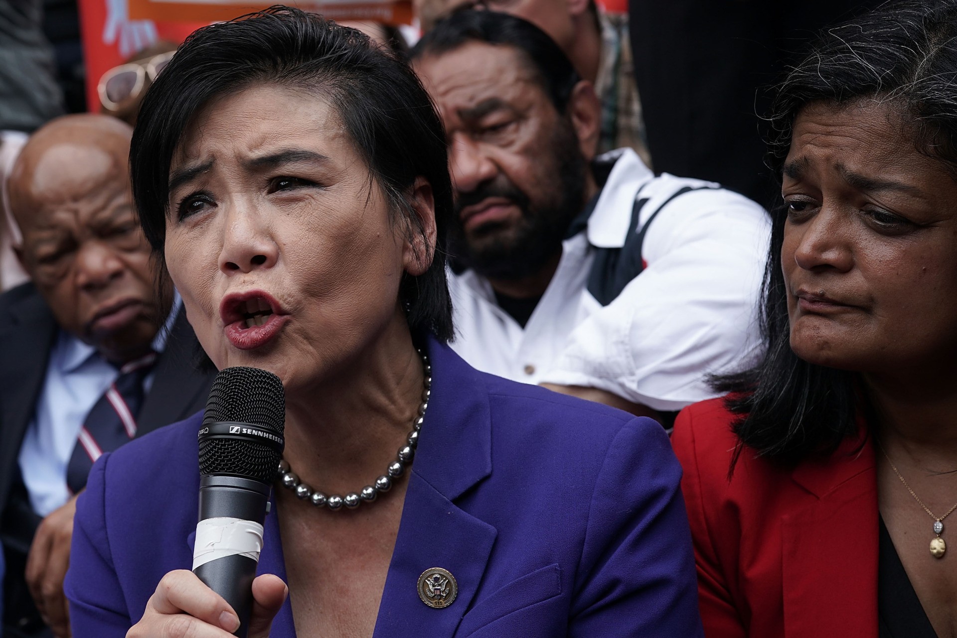 WASHINGTON, DC - JUNE 13: U.S. Rep. Judy Chu (D-CA) (2nd L) speaks as Rep. Pramila Jayapal (D-WA) (R), Rep. John Lewis (D-GA) (L) and Rep. Al Green (D-TX) (3rd L) listen during a protest outside the headquarters of U.S. Customs and Border Protection during a protest June 13, 2018 in Washington, DC. Democratic congressional members joined actives to protest "the Trump administration's policy to separate children from their parents at the border." (Photo by Alex Wong/Getty Images)