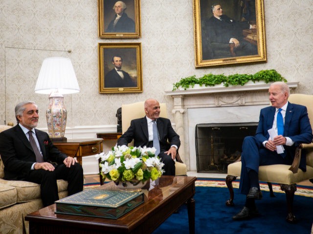 WASHINGTON, DC - JUNE 25: U.S. President Joe Biden (R) hosts Afghanistan President Ashraf Ghani (C) and Dr. Abdullah Abdullah, Chairman of the High Council for National Reconciliation, in the Oval Office at the White House June 25, 2021 in Washington, DC. Biden announced in April that he was pulling …