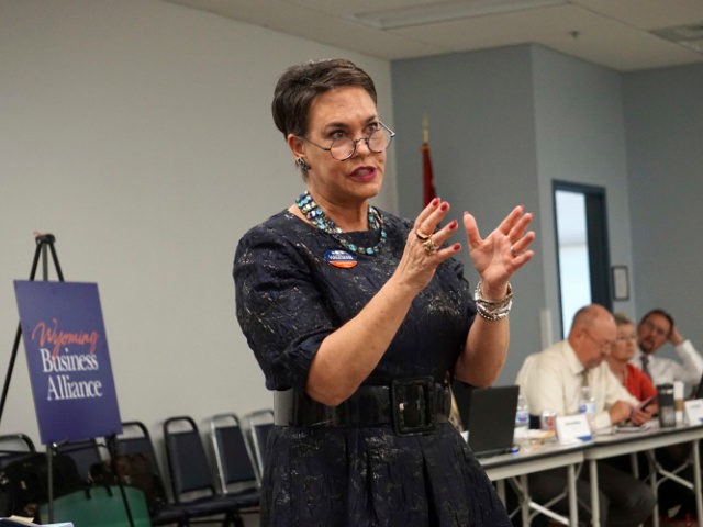 Wyoming Republican gubernatorial candidate Harriet Hageman addresses a meeting of the Wyoming Business Alliance in Casper, Wyo., on Wednesday, May 16, 2018. Hageman was among five Republican and one Democratic candidates for governor asked by the group how they would help Wyoming's economy. (AP Photo/Mead Gruver)