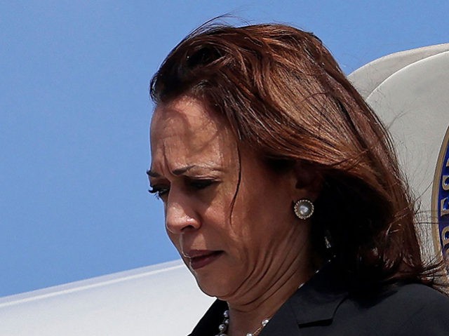US Vice President Kamala Harris steps off Air Force Two as she arrives at Honolulu Joint Base Pearl Harbor-Hickam, Hawaii, before continuing to Washington instead of scheduled travel to California because of the situation in Afghanistan, August 26, 2021. (Photo by EVELYN HOCKSTEIN / POOL / AFP) (Photo by EVELYN …