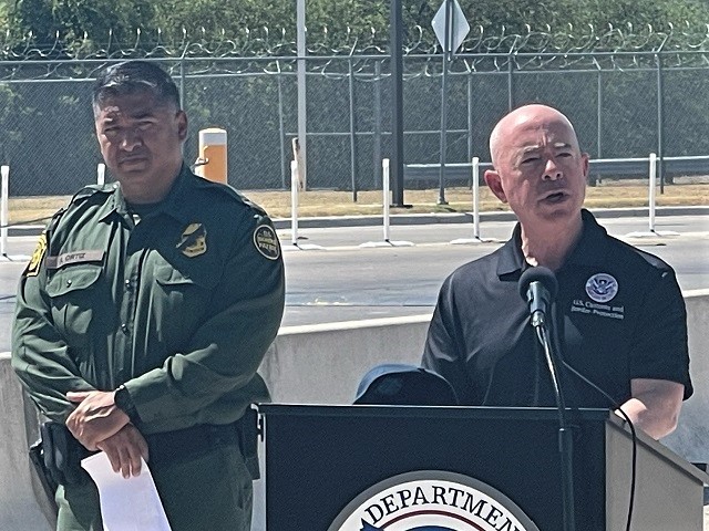 DHS Secretary Alejandro Mayorkas and Border Patrol Chief Raul Ortiz address reporters at the migrant camp in Del Rio, Texas. (Photo: Randy Clark, Breitbart Texas)