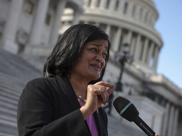 Rep. Pramila Jayapal (D-WA) speaks to reporters outside of the U.S. Capitol on September 23, 2021 in Washington, DC. Lawmakers continue to work towards coming to an agreement to pass legislation to fund the government by the new fiscal year deadline on September 30th. (Photo by Anna Moneymaker/Getty Images)