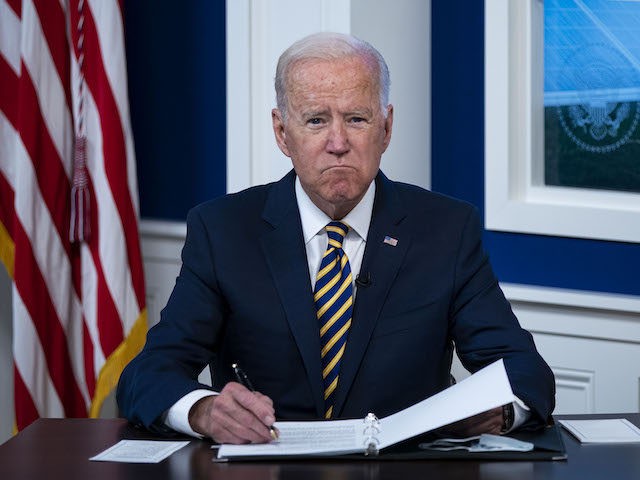 U.S. President Joe Biden participates in a conference call on climate change with the Major Economies Forum on Energy and Climate in the South Court Auditorium in the Eisenhower Executive Office Building on September 17, 2021 in Washington, DC. (Al Drago/Getty Images)