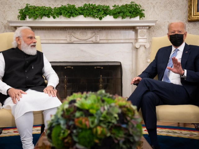 U.S. President Joe Biden (R) and Indian Prime Minister Narendra Modi participate in a bilateral meeting in the Oval Office of the White House on September 24, 2021 in Washington, DC. President Biden is hosting a Quad Leaders Summit later today with Prime Minister Modi, Australian Prime Minister Scott Morrison …