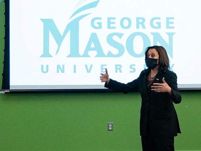 Vice President Kamala Harris speaks to students in a political science class at George Mas