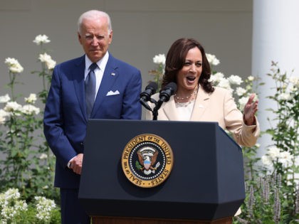 U.S. Vice President Kamala Harris delivers remarks as U.S. President Joe Biden looks on in the Rose Garden of the White House on July 26, 2021, in Washington, DC.(Anna Moneymaker/Getty Images)