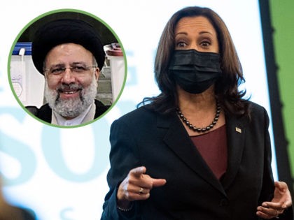 US Vice President Kamala Harris speaks to students in a political science class at George Mason University during a surprise visit to campus on September 28, 2021, in Fairfax, Virginia. (Alex Edelman/AFP via Getty Images) Insert: Iranian ultraconservative cleric and presidential candidate Ebrahim Raisi waves after casting his ballot for …